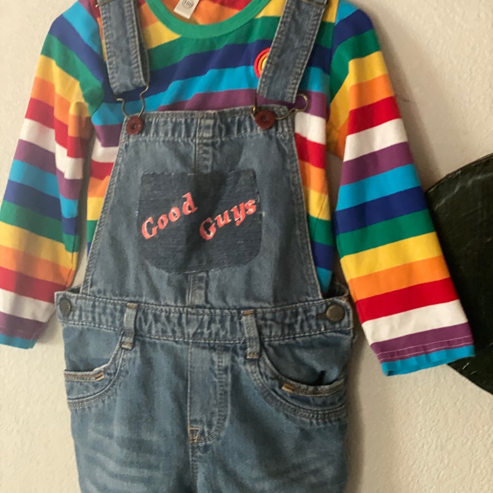 Chucky Costume shirt and overalls pants.